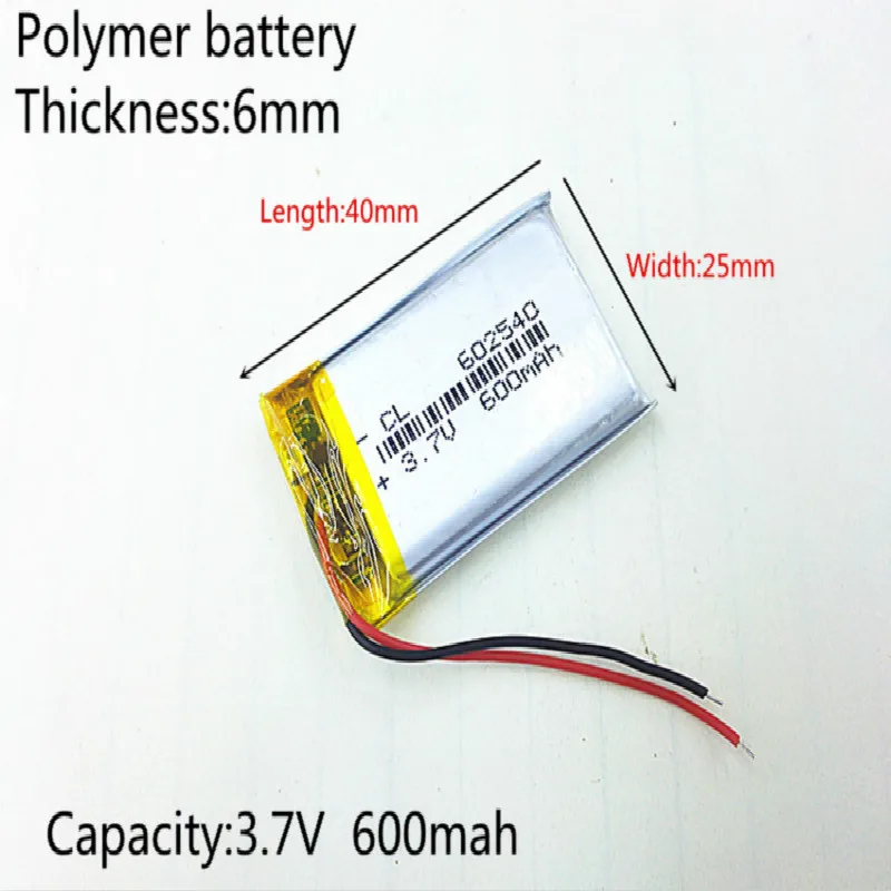 3.7V 600mAh Rechargeable li Polymer Li-ion Battery For DVR RECORD MP3 MP4 TOY GPS SMART WATCH SPORT CAMERA DVR 602540 062540