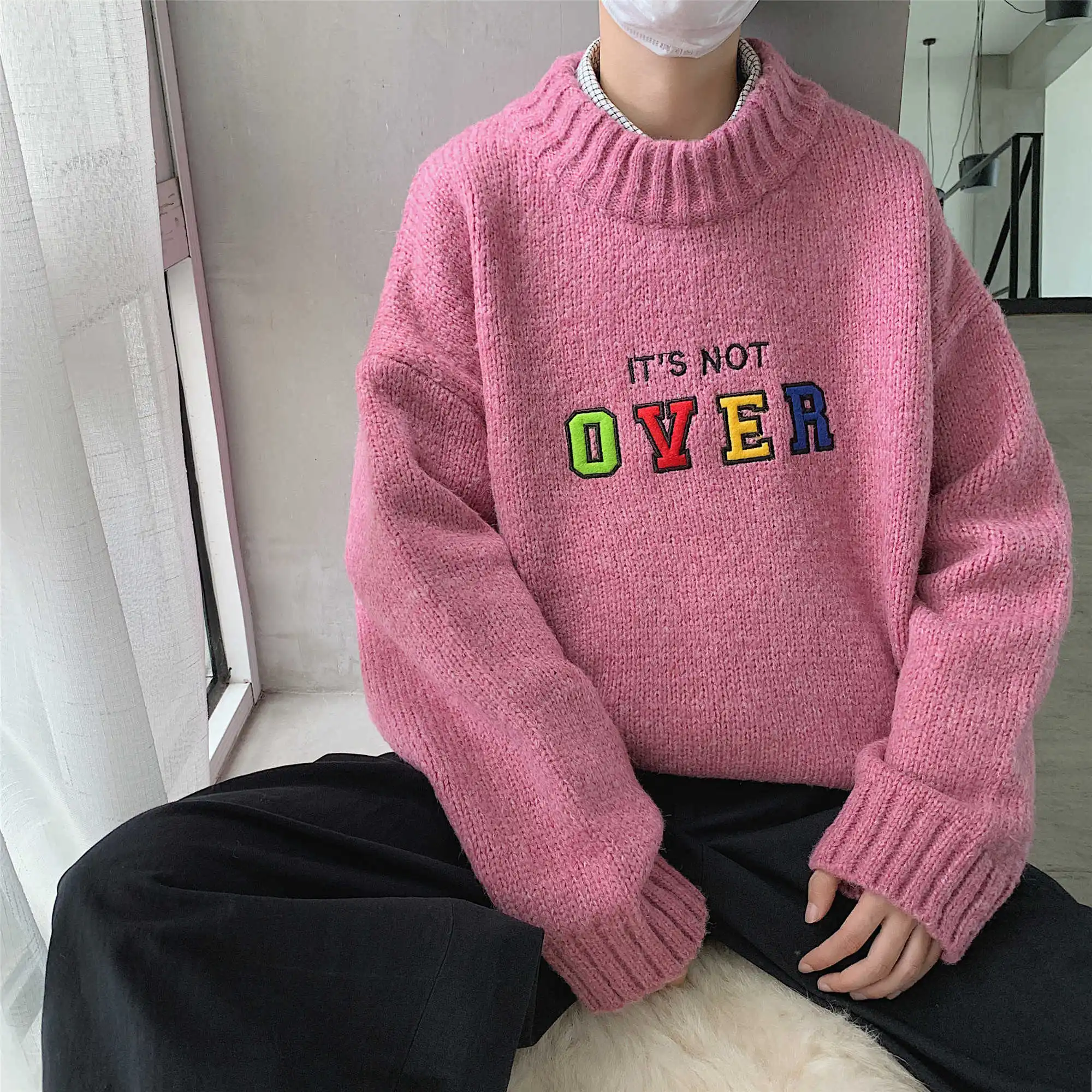 Winter Men's Oversize Style Pink Cashmere Sweaters Casual Blue Pullover Long Sleeve Coats Loose Grey Woolen Knitting M-2XL