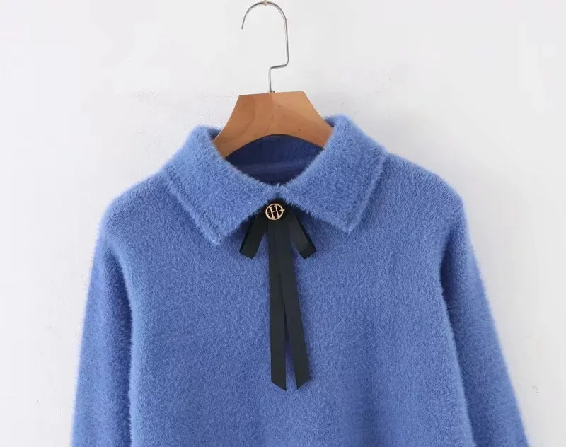 ZA женские осенние зимние теплые топы, вязаный декоративный свитер с галстуком-бабочкой, пуловер, повседневный тонкий женский свитер, женская одежда