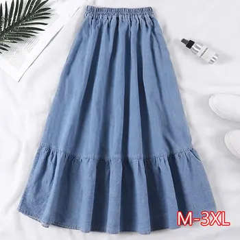 

Summer Saia Female A-Line Long Denim Skirt Pockets Women High Waist Midi Jeans Skirts Dark Blue Light Blue Plus Size Skirt 2020