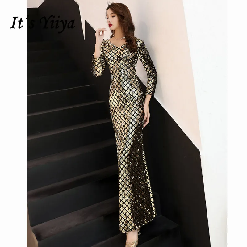 

It's Yiiya Evening Dress Elegant Gold Sequins Evening Dresses Mermaid Long Formal Gowns Plus Size V-neck robe de soiree LF063