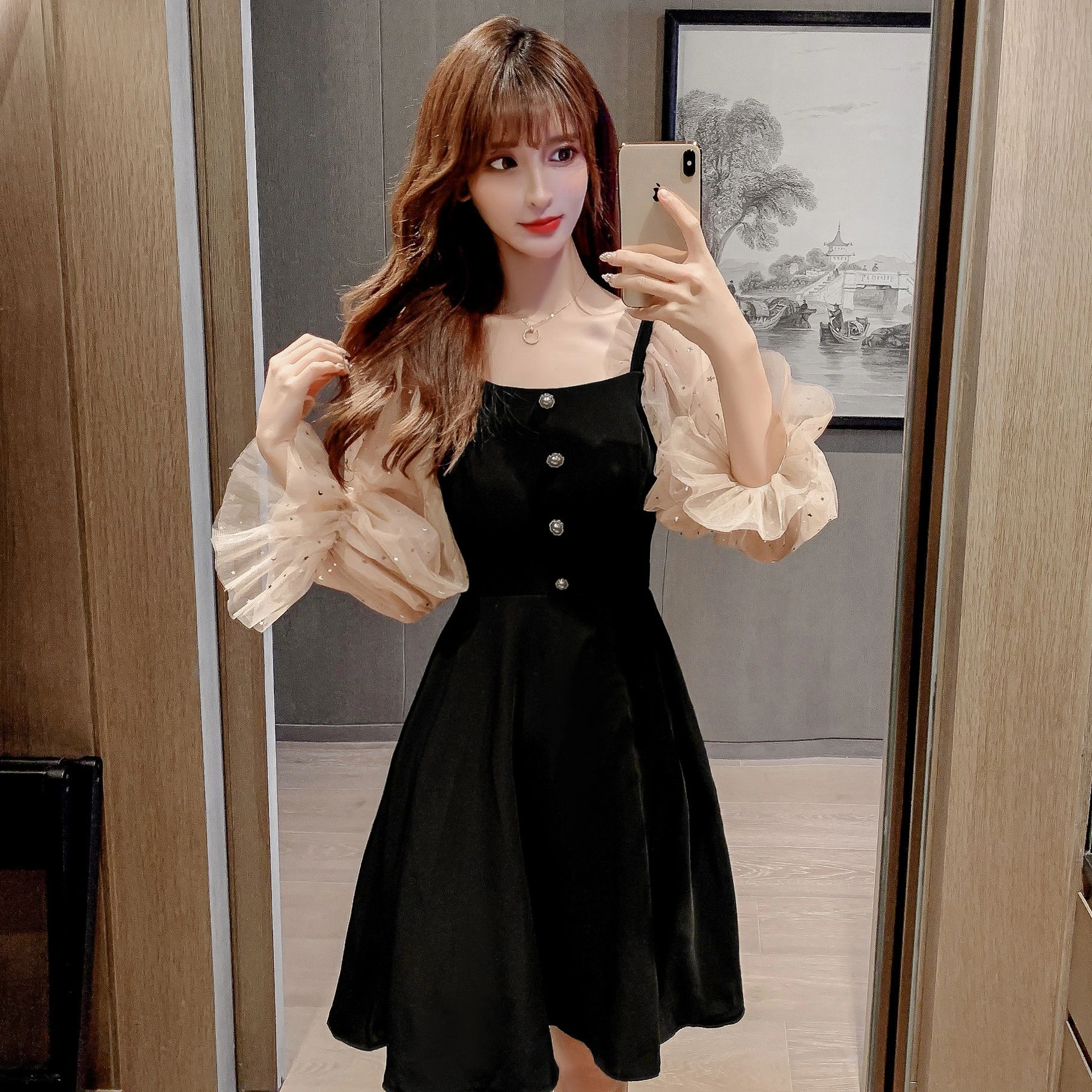 Coigarsam Patchwork Women One Piece Dress Korean New Spring Puff Sleeve Mesh Dresses Black 532 Dresses Aliexpress