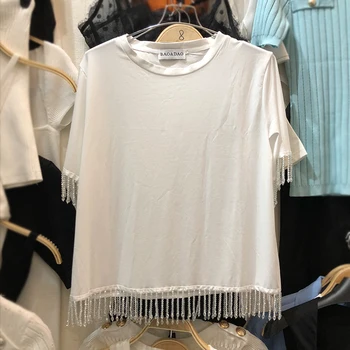 

2020 Summer New Crystal Tassel T-shirt Female Round Neck Short Sleeve Loose Top T Shirts Girls Students Loose Tshirt Ladies Tops