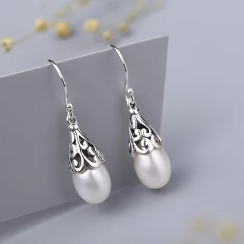 

sterling silver 925 inlaid pearl Earrings Retro hollow pattern vintage fine jewelry for women 2020 new