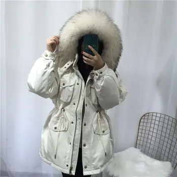 

Large Natural Raccoon Fur Coat Winter Coat Women's Jackets White Duck Down Pocket with Hood Parkas Coat for Women