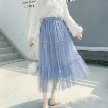 

2020 New Korean Style High-end multi-layer cake Tulle skirt female pleated skirt mesh pleated mujer high waist Holiday skirts