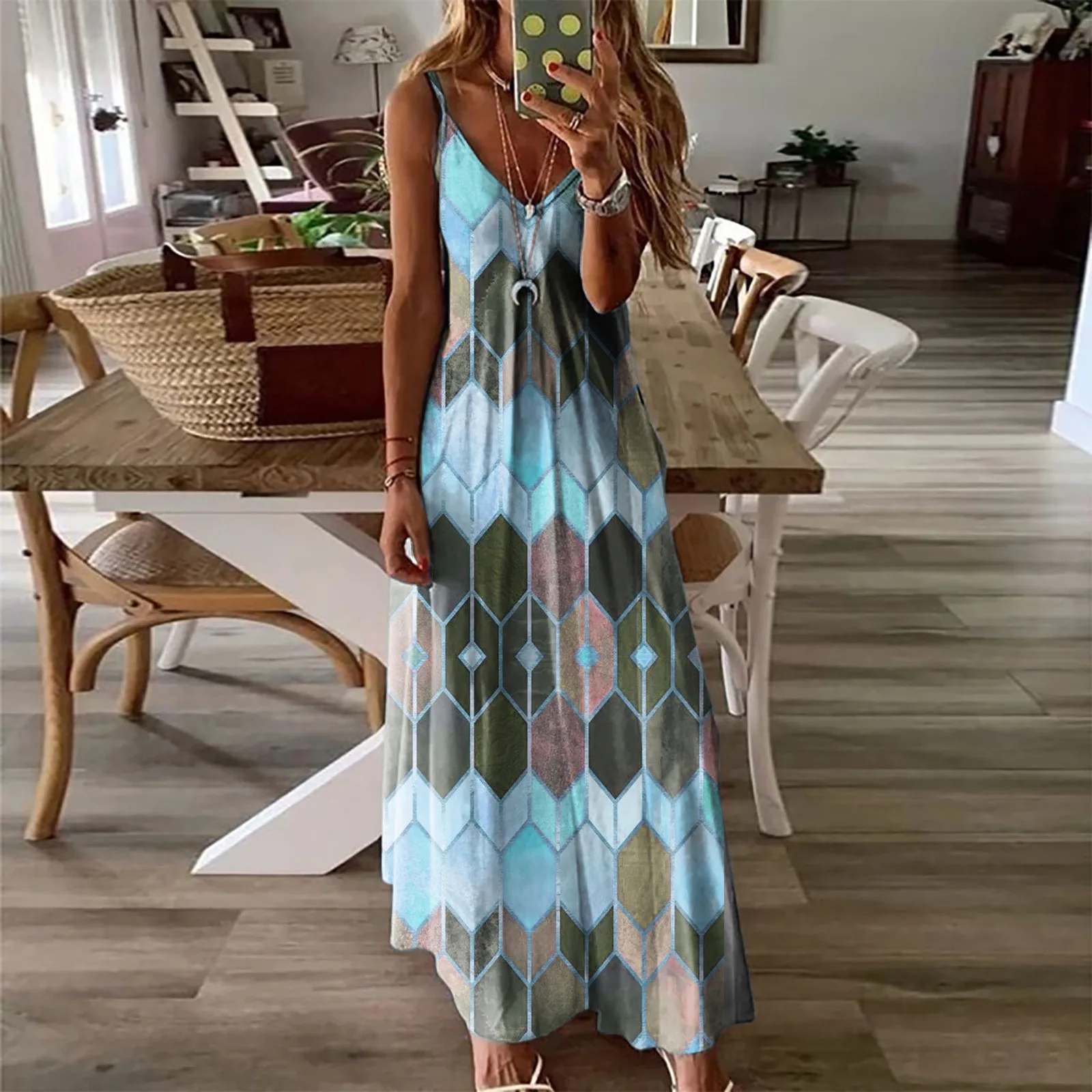 Women Dresses Ladies Sleeveless V-Neck Camisole A-Line Camisole Casual Printed Long Dress for Women 2021 Fashion Mujer Vestido bridesmaid dresses