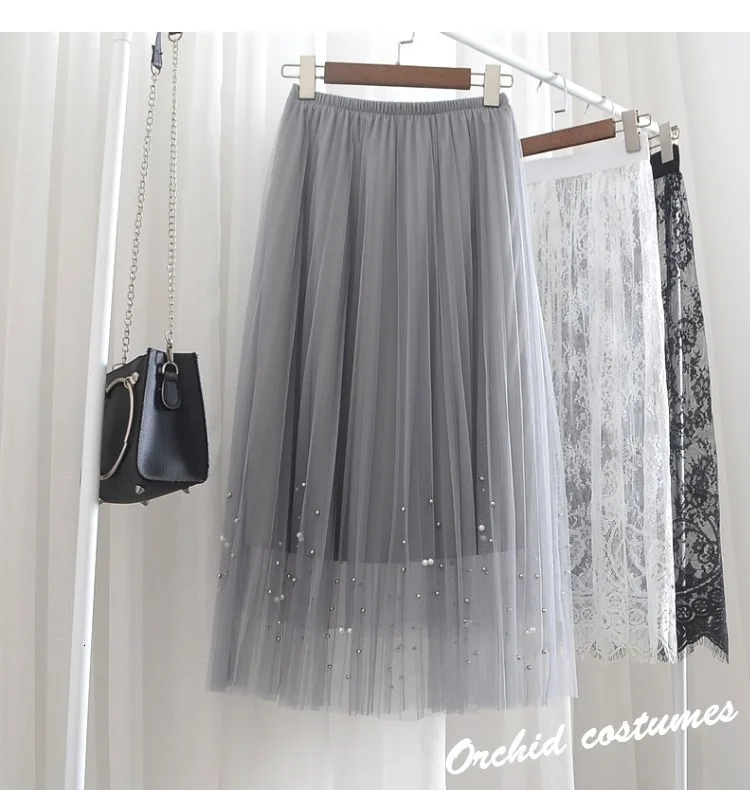 SHENGPALAE New Fashion Autumn Pleated Bead Decoration Elastic Band Straight Skirt Women Solid Tide Faldas Mujer Moda 9A270 - Цвет: gray