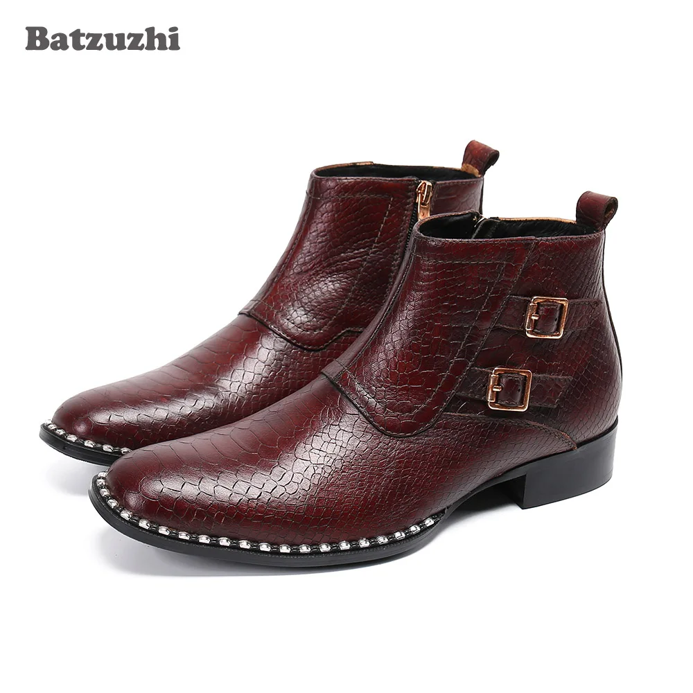 Batzuzhi Handmade Men's Leather Boots Short Brown Genuine Leather Boots Men Buckle Zip Motorcycle Business Boots Botas Hombre