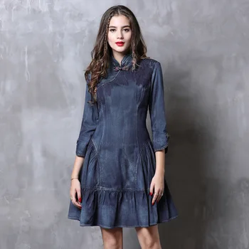 

Women Fashion Summer Casual Jeans Dress Short Sleeve High Quality Solid Denim Sundress Turn Down Collar Mini Party OL Dress