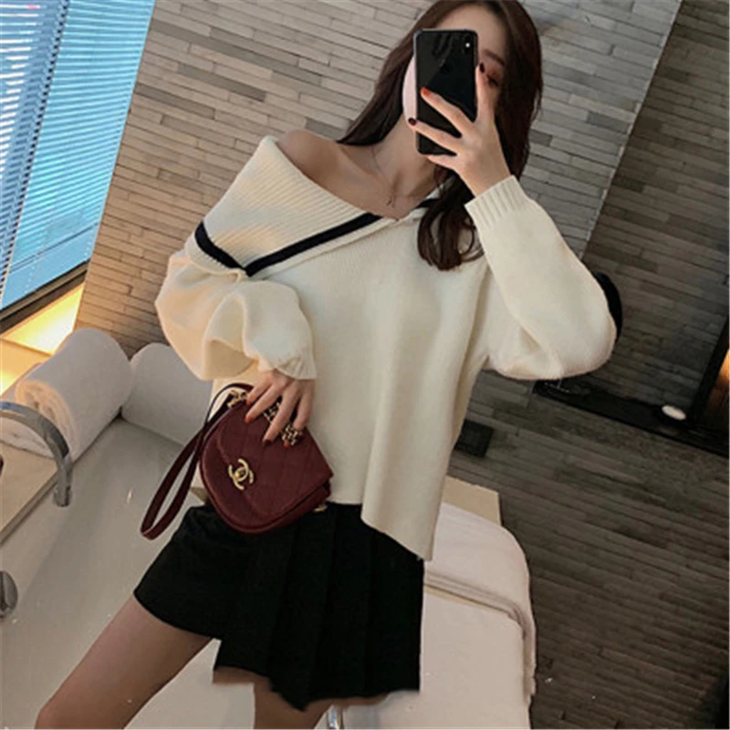 

Off-shoulder Knit Women's Sweaters Fall Winter Prerry Style French Casual Loose Straight Short Female Pullovers Japan Sweet Top