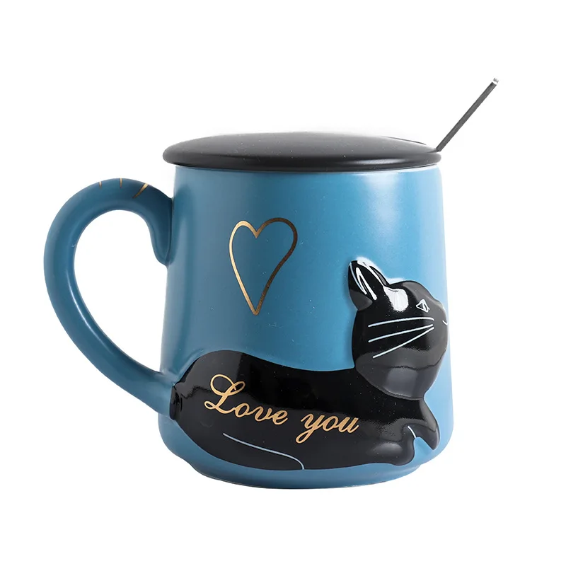3D рельефная кошка кофейная кружка с крышкой и ложкой Love Kitty керамическая чашка для чая и воды свадебный подарок синий и черный 400 мл
