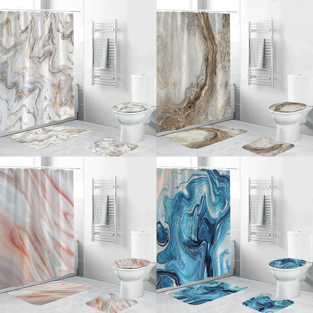 Art Marble Pattern Golden Waterproof Shower Curtain Set Toilet Cover Mat Non slip Bath Rugs Home Bathroom Carpet Christmas Decor | Дом и сад