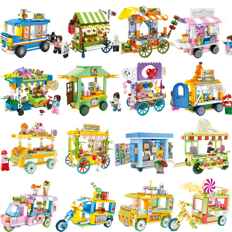 

Mini City Shop Sushi BBQ Cart Car Architecture Creator Building Blocks House Bricks Figures legoinglys Toys For Children Story