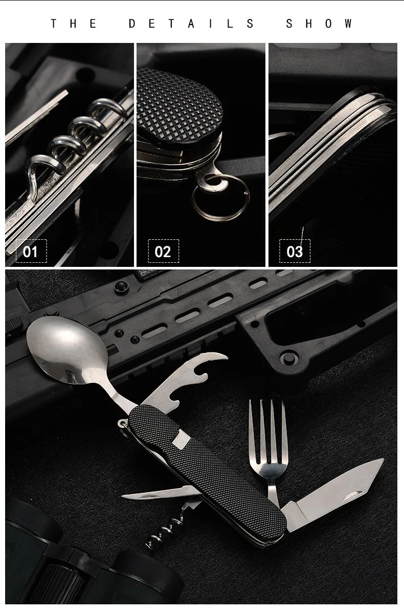 Hot sale knife and fork combination portable 6 in 1 stainless steel folding cutlery set for outdoor camping picnic travel