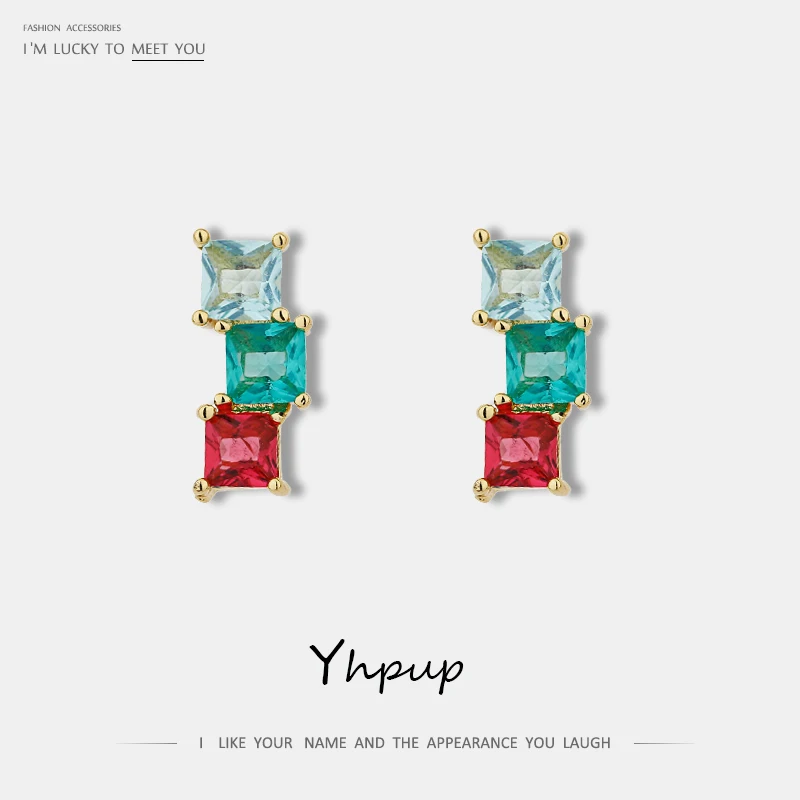 

Yhpup Fashion Colorful Square Cubic Zirconia Stud Earrings Small Tiny Earrings Bijoux En Argent 925 for Girl Women Accessories