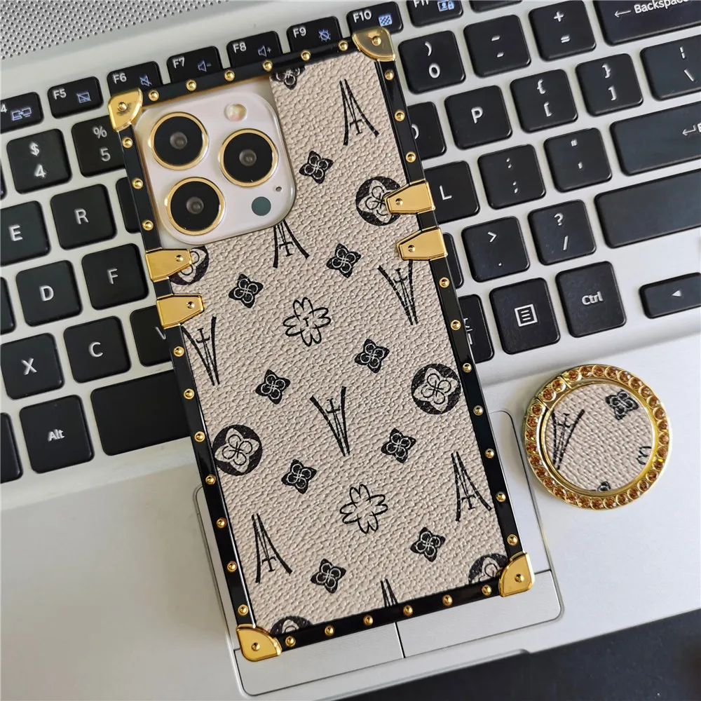 Luxury Brand Flower Cover Geometric Pattern Square Leather Phone