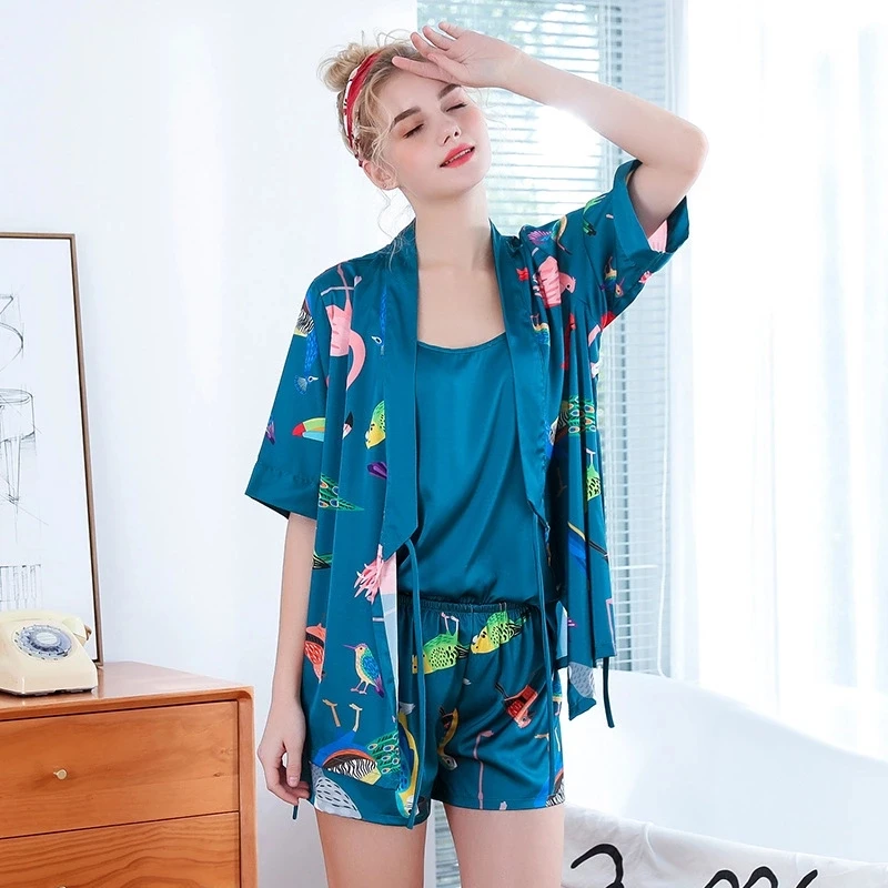 

2019 New 3 PCS Women Pajamas Sets with Pants Sexy Pyjama Satin Flower Print Nightwear Silk Negligee Sleepwear Pyjama