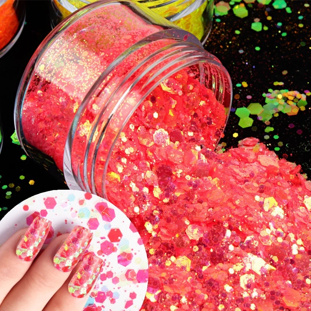 

1 Box Holographic Nail Art Glitter Sequins Christmas Neon Mermaid Hexagon Shape Sparkly Flakes Slices Nail Decorations Manicure