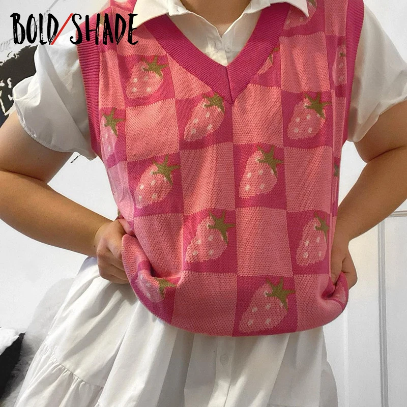 

Bold Shade E-girl Harajuku Style Sweater Vest Sleeveless Strawberry Printed V-Neck Pink Jumpers Autumn Preppy Style Women Cloths