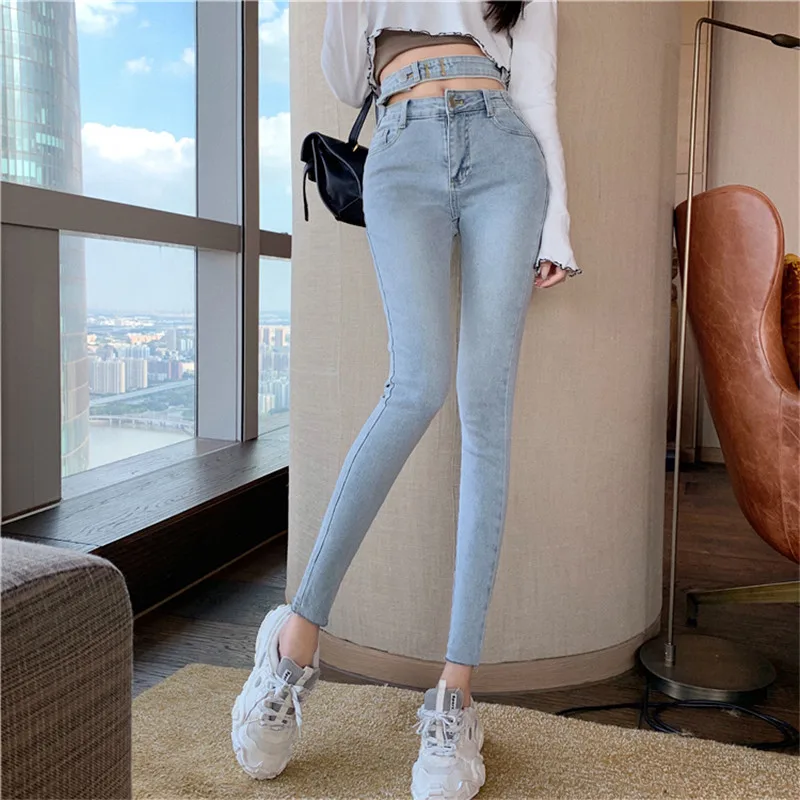 

2020 new fashion Korean personality skinny stretch jeans women's high waist slim slimming simple and versatile pencil pants