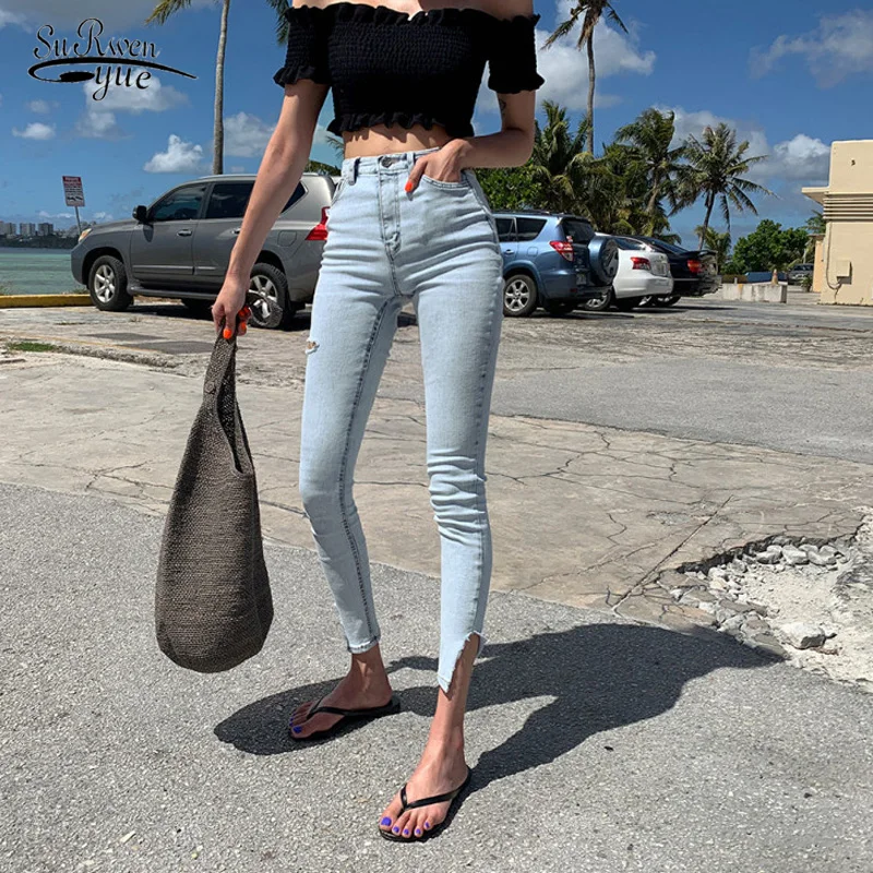 

Skinny High Waist Jeans Woman Stretch Streetwear Ripped Hole Pencil Jeans 2022 Split Light Blue Casual Denim Trousers 10397