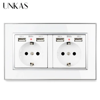 

UNKAS Luxury Mirror Acrylic Panel Dual EU Socket 146MM * 86MM 4 USB Charging Port Russia Spain Hidden Soft LED Indicator Outlet