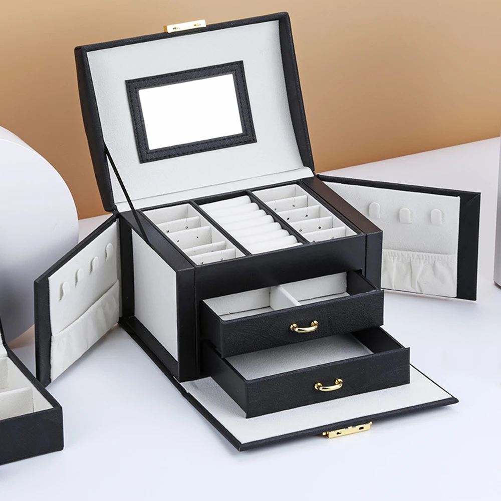 Baratos Caja de joyería Extra grande PU caja de almacenamiento de cuero espejo de lujo terciopelo caja de joyería de maquillaje anillo de exhibición organizador de joyería