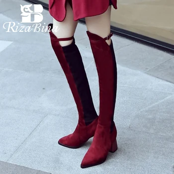 

RIZABINA Fashion Patchwork Over The Knee Boots For Women Pointed Toe Thick Heels Shoes Winter Warm Women Footwear Size 32-48