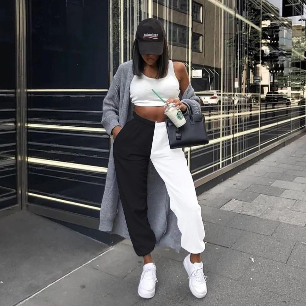 

Joggers Women Sweatpants High Waist Black White Patchwork Casual Sport Street Wear 2020 Autumn Winter Fashion Female Harem Pants