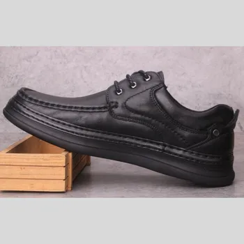 

Men 100% Genuine Leather Breathable Black Platform Sneakers Business Casual Shoes British Style Lace Up Driving Footwear