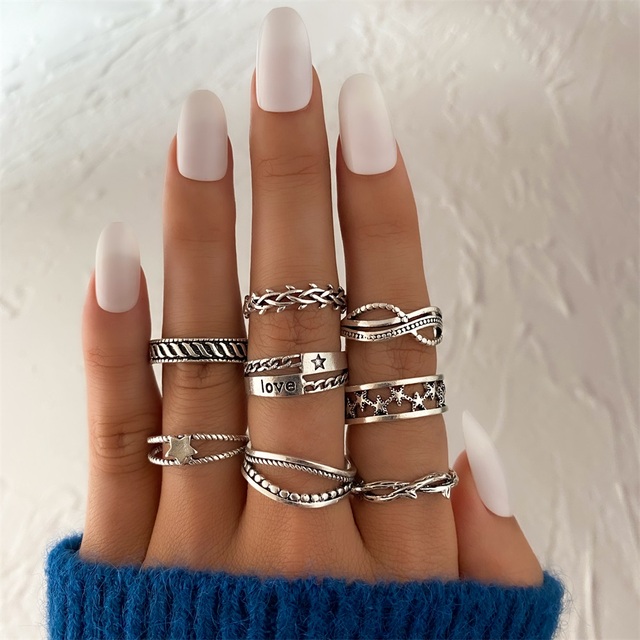 Vintage Ancient Silver Color Ring Set For Women Girls Snake Wave Sun Rings Gothic Charm Finger Rings Fashion Jewelry Gifts