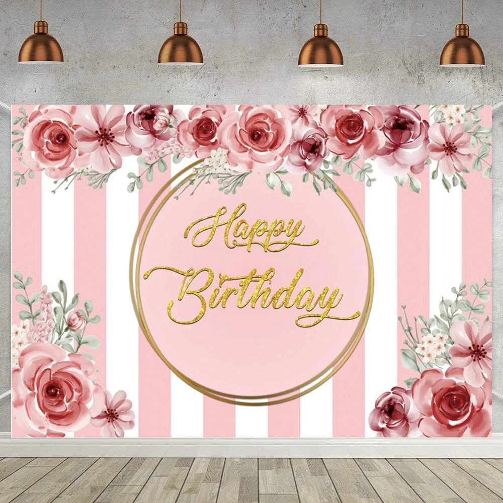 Fondo de feliz cumpleaños para mujer, cartel de fiesta de cumpleaños con flores  rosas, blanco, rosa, rayas dulces, 15, 16, decoración de fondo para  foto|Fondo| - AliExpress