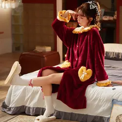Women Thick Warm Bathrobe Autumn Winter Dressing Gown Red Flannel Long Bath Robe Nightgown