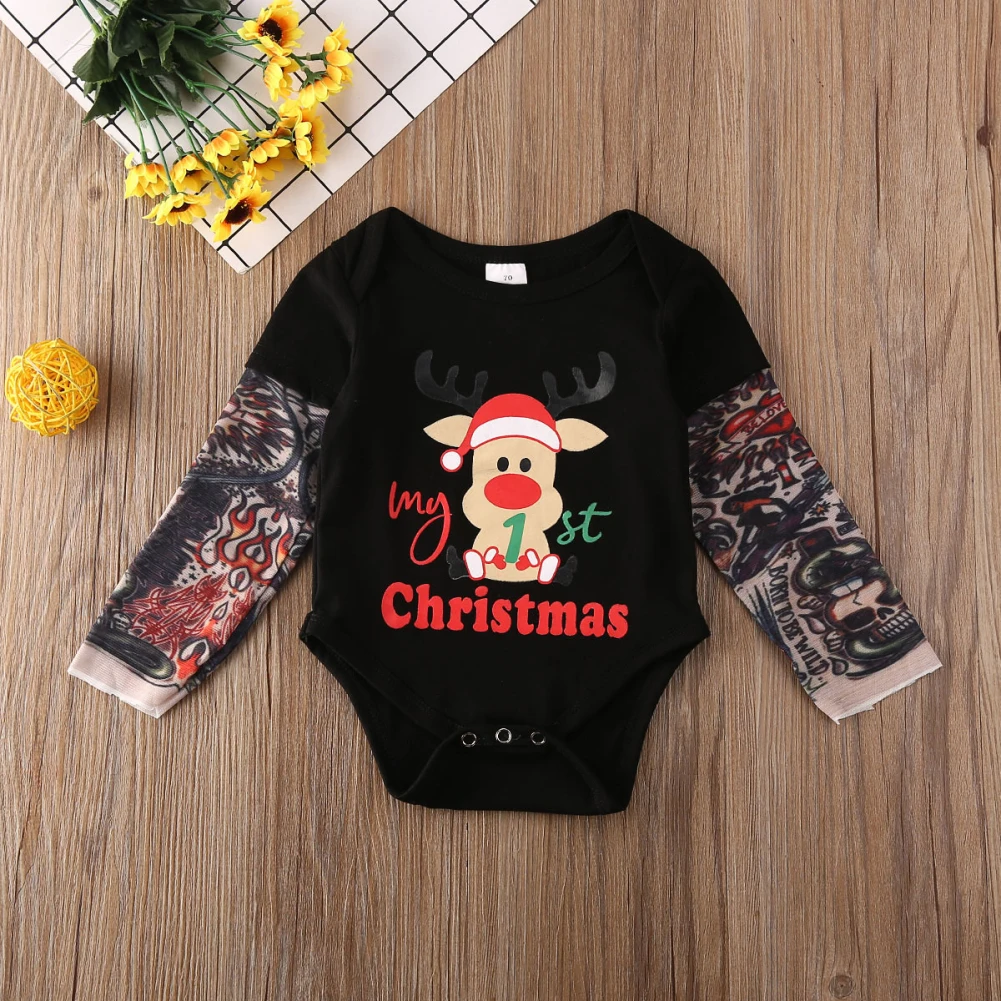 AU My First Christmas/комбинезон с рукавами-татуировками для маленьких мальчиков, боди, Рождественская одежда для детей 0-18 месяцев