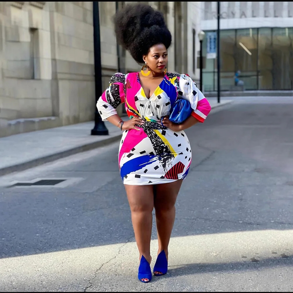 

Plus Size Women Print V-Neck High Waist Bodycon Midi Dress 4Xl 5Xl Plus Size Purple Dresses Streetwear Vintage Dresses