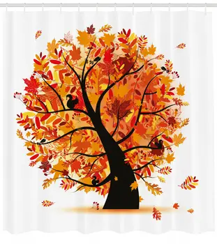 

Fall Shower Curtain Cartoon Tree Artful Leaves Print for Bathroom