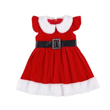 

2020 Baby Girl Christmas Short Sleeve Dress With Belt Hat Gloves Winter Festival Party Dress Santa Claus Fancy Mini Dress