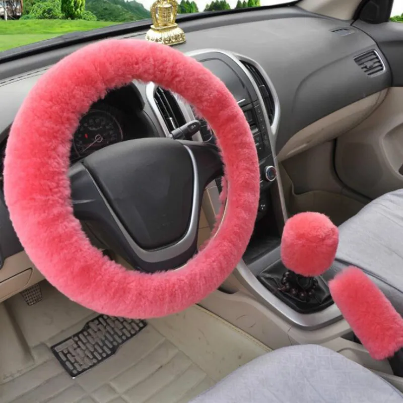 Universal Car Steering Covers Winter Plush Car Steering-Wheel Cover Faux fur Hand Brake Gear Cover Set Car Interior Accessories - Название цвета: Розовый