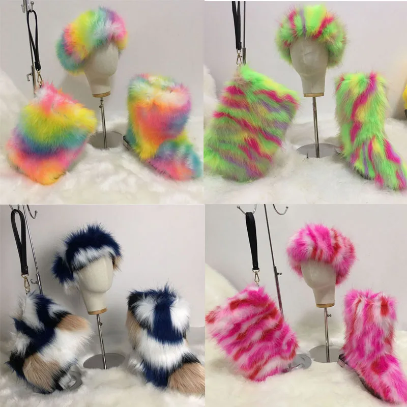 Botas de felpa cálidas de piel sintética para mujer, conjunto de zapatos con banda para la cabeza, bolso peludo, botas de nieve esponjosas, zapatos de plataforma de felpa para invierno