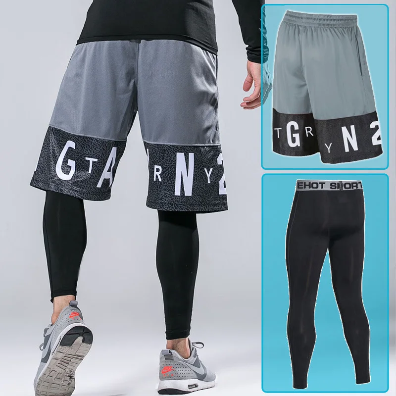Баскетбольные шорты для мужчин спортивные шорты для фитнеса с длинными штанами быстросохнущие дышащие спортивные шорты для тренировок с карманами на молнии - Цвет: 8902gray set