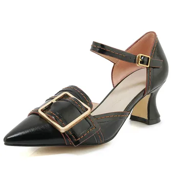 

Women's genuine leather ankle strap high heel pumps metal buckle fashion elegant ladies evening dress shoes high heel footwear
