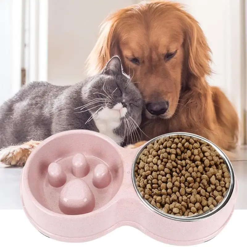 Pet Нескользящая двойная чаша из нержавеющей стали, пшеничная соломенная основа для товары для домашних животных, щенков, чистая и удобная посуда