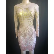 Сексуальные золотые стразы, Сетчатое короткое платье, прозрачные женские модные платья для ночного клуба, сценический женский костюм для выступлений певицы