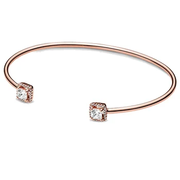 

New 925 Sterling Silver Bangle Rose Square Sparkle With Crystal Open Bracelet Bangle Fit Europe Bead Charm DIY Jewelry