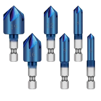 

6Pcs 1/4Inch Hex Shank HSS Counter Sink Drill Bit 90 Degree 5 Flute Nano Blue Coated Chamfer Tool Woodworking Drill Bits