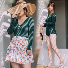 Женский купальник большого размера с длинным рукавом, Цельный купальник с юбкой с принтом, купальный костюм, летний сексуальный купальный костюм для плавания ming, пляжная одежда