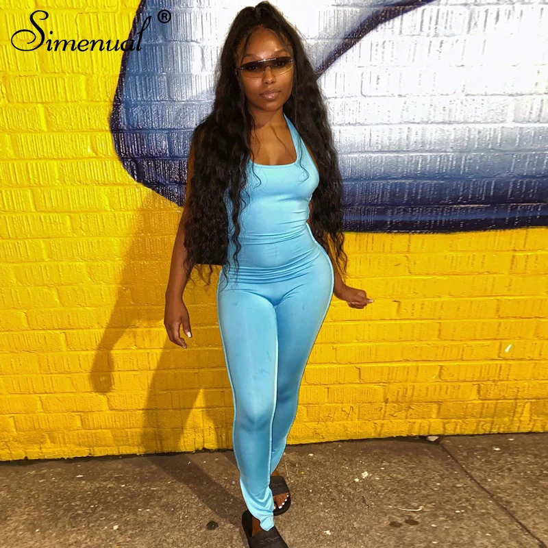 

Simenual Backless Sporty Blue Side Split Halter Jumpsuits Women Sleeveless Workout Overalls One Piece Casual Fitness Jumpsuit