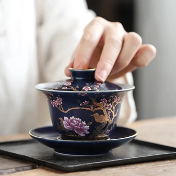 

Ceramic Gaiwan Porcelain Outline in Gold Art Bird Flower Cup with Lid Cover Saucer Kit Master Tea Set Drinkware Decor Crafts