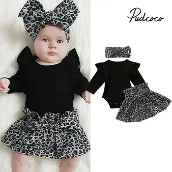 

Fashion 2020 Newborn Baby Boys Girls Bodysuits Leopard Skirts Headwear 3pcs Long Sleeve Casual Party Set Infant kids clothes